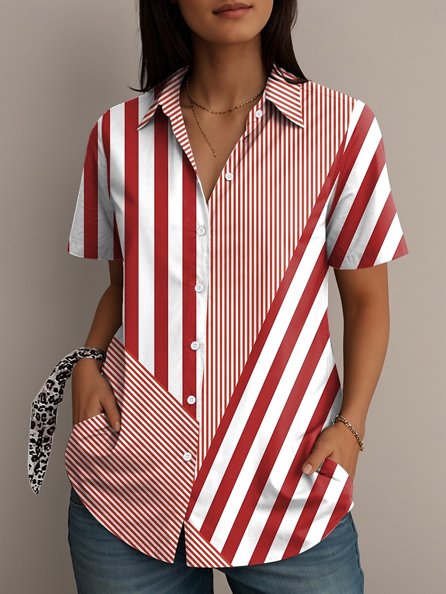 Femmes Chemise Graphique Géométrique Rayé ancien Élégant Occasionnel Manche Courte Col de chemise Hauts Réguliers Quotidien Rouge Bleu Vert Été Printemps de 2025 ? $24.99 –P5