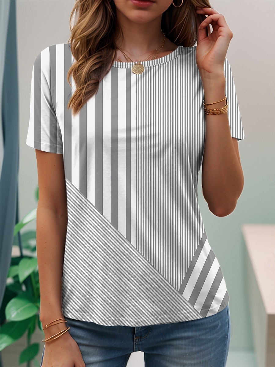 Dame T skjorte Grafisk Geometrisk Årgang Stilfull Klassisk Kortermet Crew-hals Vanlige topper Daglig Helg Strand Klær Trykt mønster Rosa Blå Lilla Grønn Grå Sommer Vår 2025 - $19.99 –P6