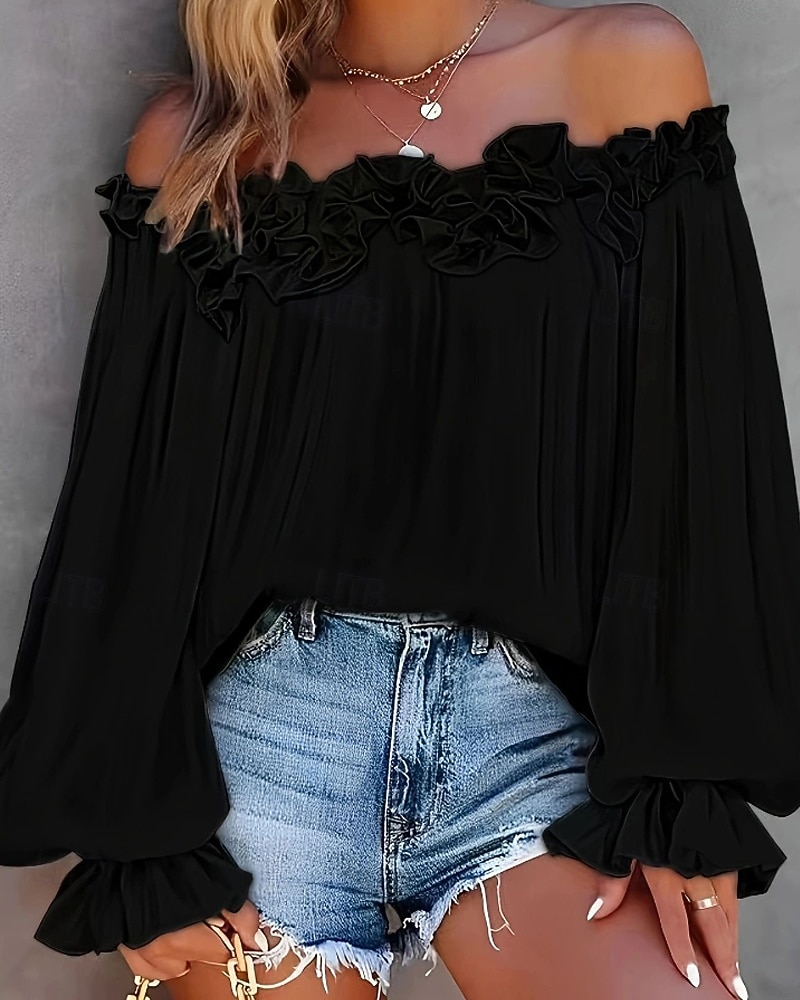 Dam Skjorta Blus Konstbomullslinne Volang Öppen rygg Slät Modern Ledigt Långärmad Över axeln Vanliga toppar Dagligen Helgdag Utekväll Blå Svart Vit Rodnande Rosa Sommar 2026 - $22.99 –P10