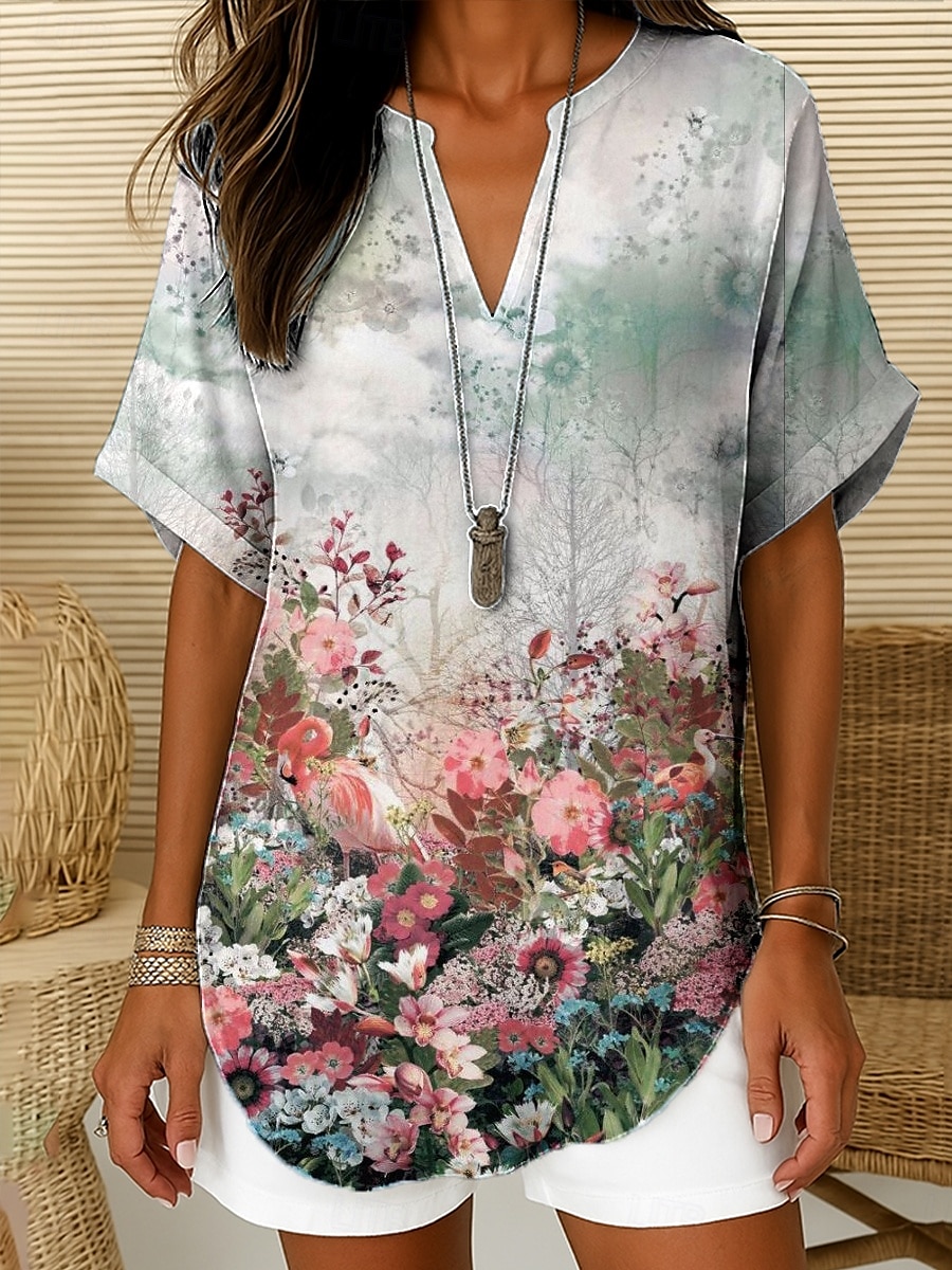 Blouse Femme Col en V Ombre Graphique Floral Élégante Bohème Vintage Manches Courtes Col Noté Hauts Quotidien Vacances Sortie Vert Sauge Blanc Vert Clair Bleu Ciel Rose Pêche Été de 2025 ? $24.99 –P1
