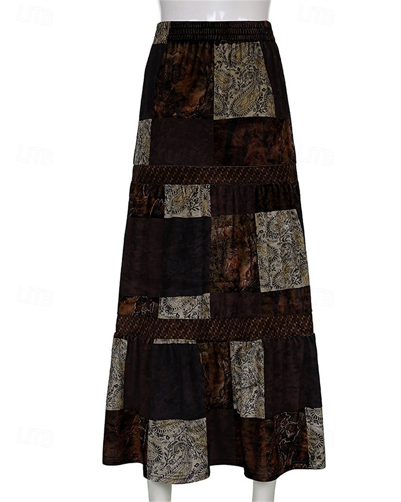 Per donna Gonna Linea A Svasato Casual Boho Maxi Vita Alta Gonne Blocco di colori Patchwork Vacanza Ferie Marrone Estate Poliestere del 2025 a $24.99 –P9