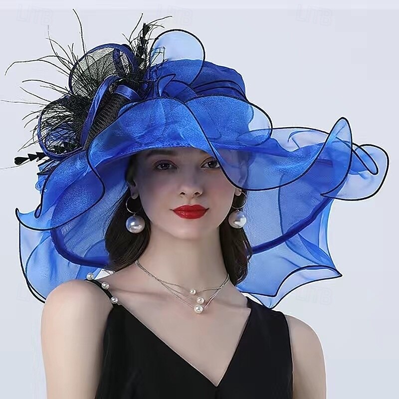 Women\'s Organza Derby Hat Wide Brim Sun Hats Dual-use, Blue and Green ELLYDOOR Women Organza Fascinator Derby Hat Fancy Floral  main image 4