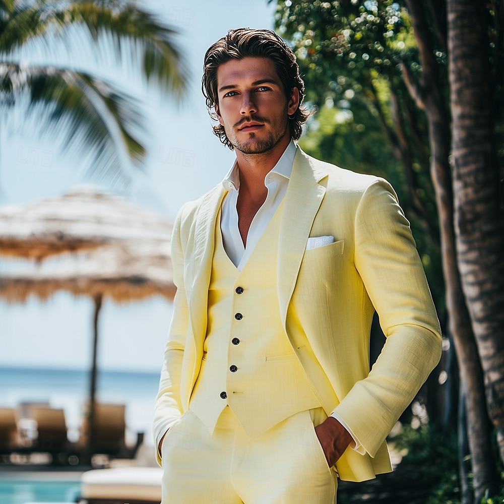 Costumes de mariage décontractés en lin pour hommes, couleur jonquille, jaune d'été, mode formelle, couleur unie, coupe standard, 3 pièces, simple boutonnage, un bouton de 2025 ? $139.99 –P1