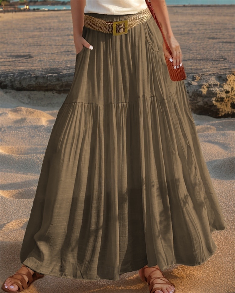 Femmes Taille Asiatique Évasé Jupes en lin Occasionnel Été Midi Taille haute Jupes Couleur Unie Froncé Plissé Avec Poches Élastique Vacances Quotidien Vin Rouge pastèque Moutarde verte couleur orange de 2025 ? $26.99 –P7