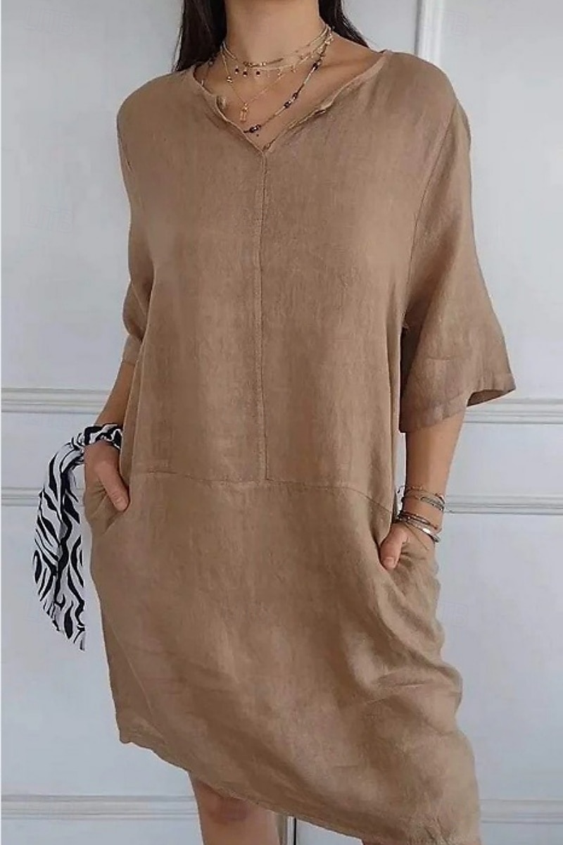 Femmes Mini Robe Robes en coton et lin Robe Décontractée Robe d'été Basique Moderne Quotidien Week-end Coupe régulière Uni Manche 3/4 Col en V Noir Blanche Marron Gris Été de 2025 ? $22.99 –P6
