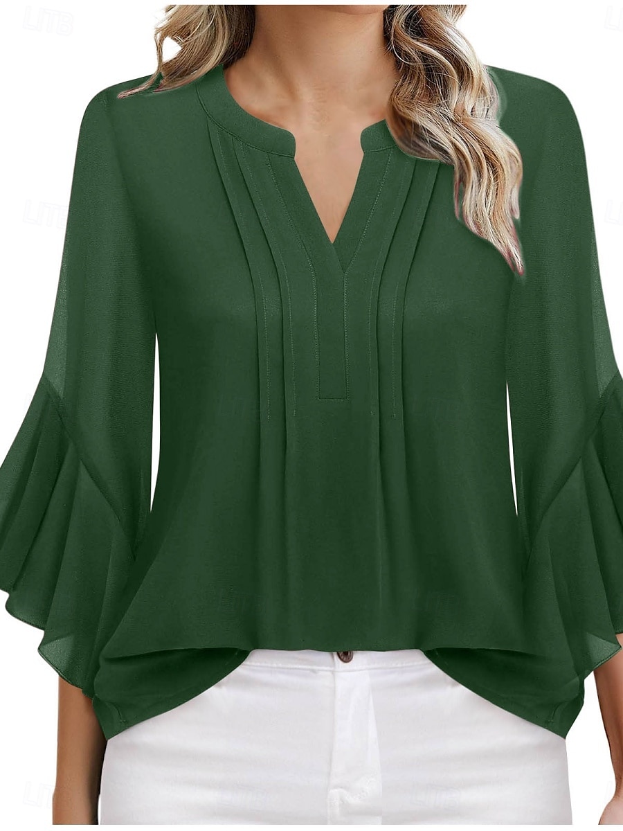 Femmes Chemise Couleur Unie Fleuri Élégant Occasionnel Manche 3/4 Col en V Hauts Réguliers Quotidien A Volants Imprimé Blanche Rose Claire Rouge Vert Été Printemps de 2025 ? $28.99 –P4