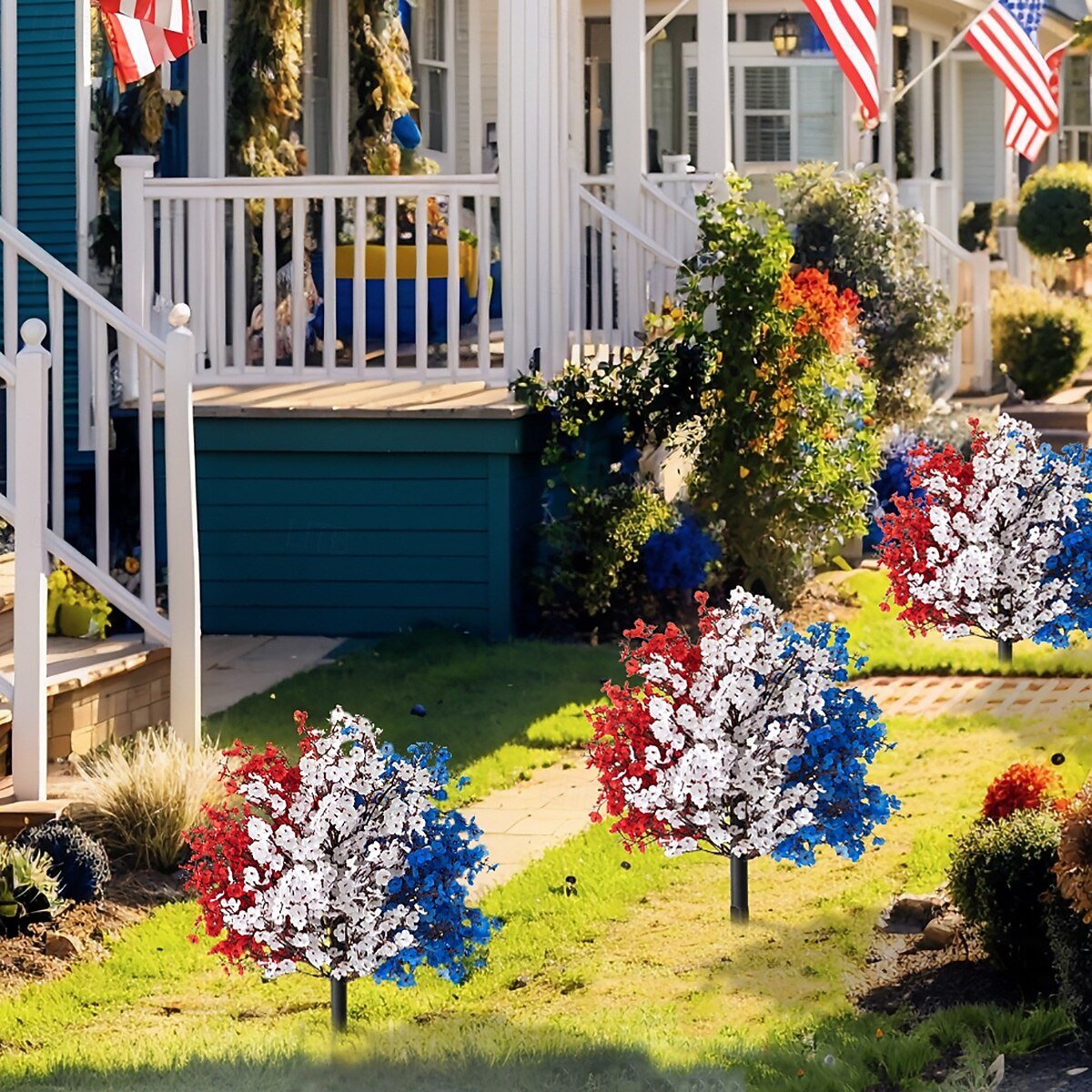 Patriotic Artificial Flower Stakes, 4th of July Red White Blue Gypsophila with Flags and Ground Picks, Memorial Day Grave and Yard Decorations for Veterans Day, Independence Day Decor 2025 - $34.99 –P2