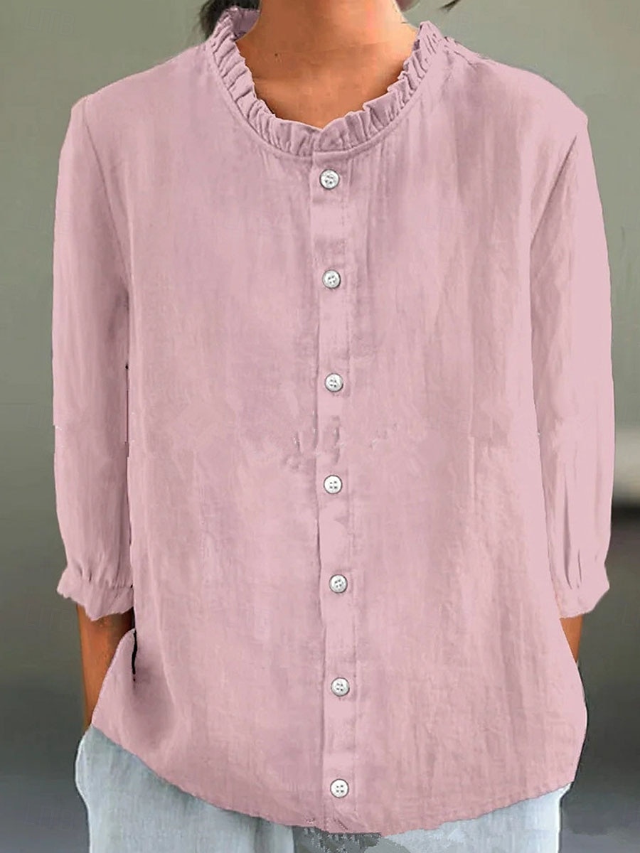 Women's Cotton Linen Blouse Solid Color Elegant Stylish Casual 3/4 Length Sleeve Crew Neck Regular Tops Daily Holiday Buttons Black White Yellow Pink Blue Summer 2025 - $26.99 –P1