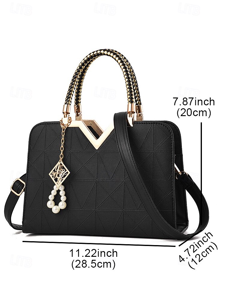 Women's Faux Leather Handbag with Pearl Pendant – Elegant Geometric Top Handle and Crossbody Bag for Office, Daily Commute and Formal Events 2026 - $32.99 –P5