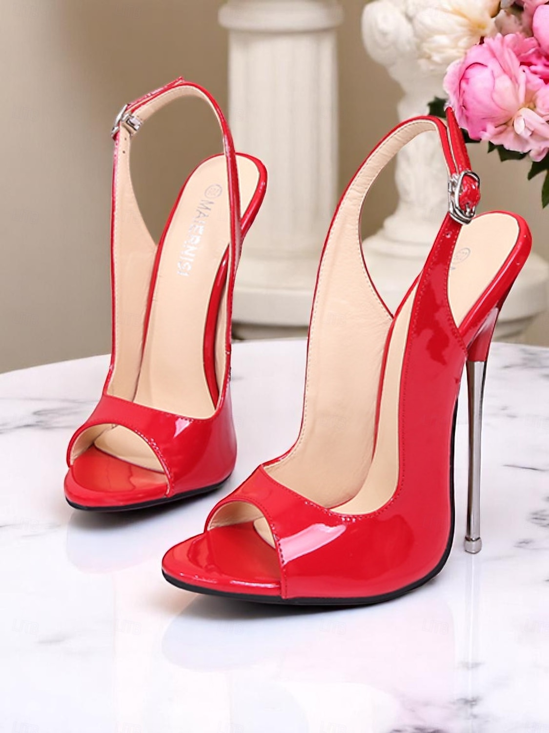 női piros lakkbőr slingback tűsarkú, nyitott orrú kivitelben - szexi magassarkúk éjszakai bulikba 2025 - $59.99 –P2