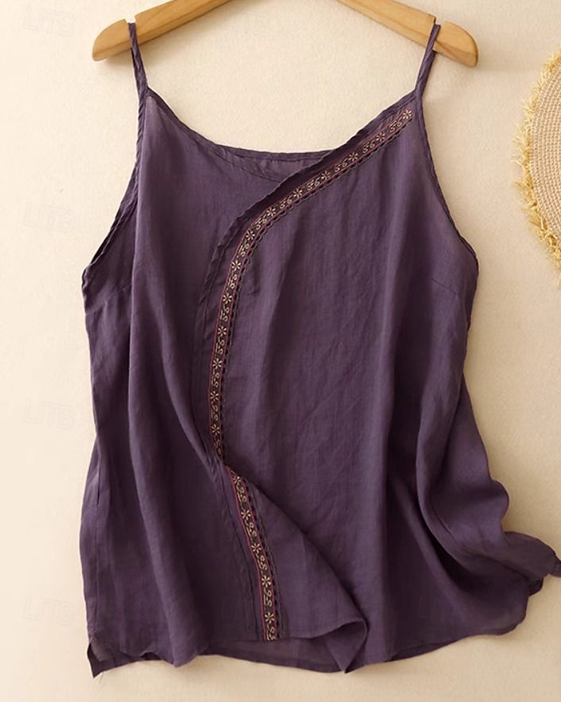 Femmes Gilet en coton et lin Chemisier Fleur Élégant Moderne Sans manches Bretelle Hauts Réguliers Fête Sortir Broderie Violet Été de 2025 ? $20.99 –P1