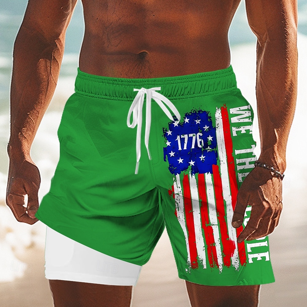 Independence Day Men's US Flag Patriotic Fourth of July Lined Shorts 2 in 1 Board Shorts Swim Shorts Mid Waist Holiday Side Pockets With Compression Liner Elastic Drawstring Waist Designer Clothing 2025 - $21.99 –P6