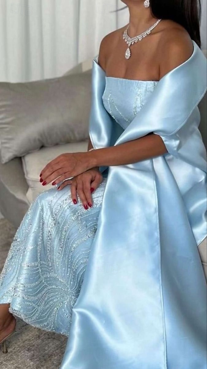 Sky Blue Beaded Gown Cape Dress Sheath / Column Evening Gown Elegant Dress Semi Formal Wedding Wedding Guest Dress Floor Length Sleeveless Strapless Satin 2025 - $155.99 –P3