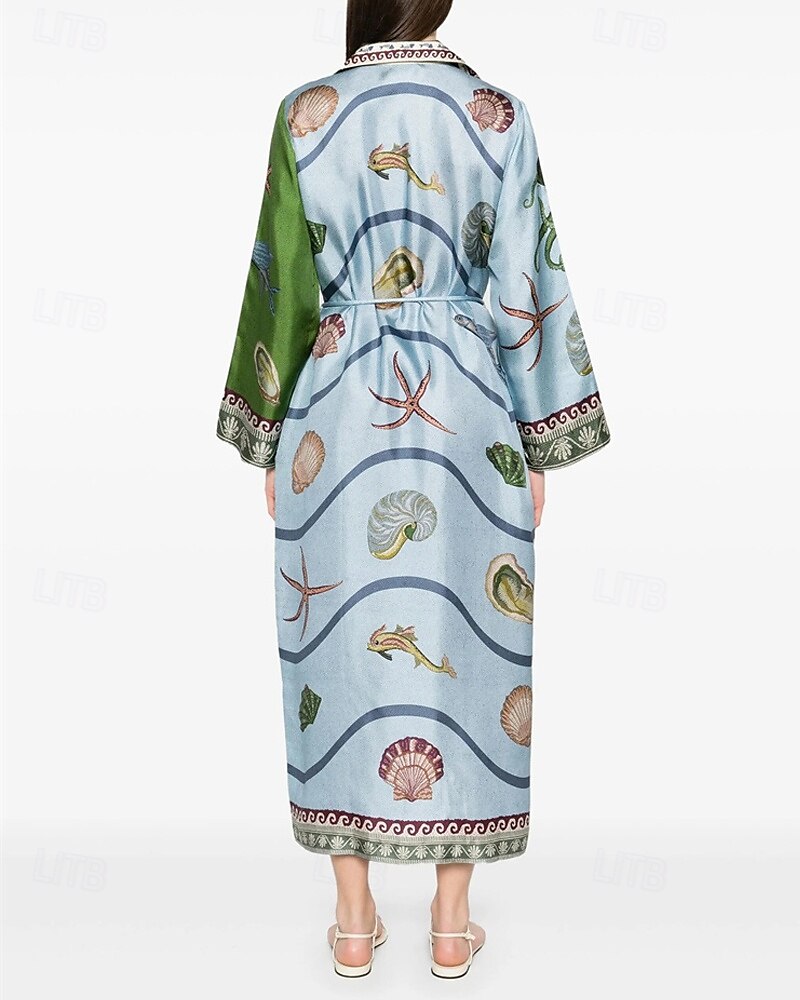 Per donna Abito Lungo Maxi Abito Abiti in cotone e lino Vestito Casual Moda All'aperto Feste Ferie Vestibilità regolare Animale Manica Lunga Colletto a Camicia Blu Estate del 2025 a $46.99 –P3