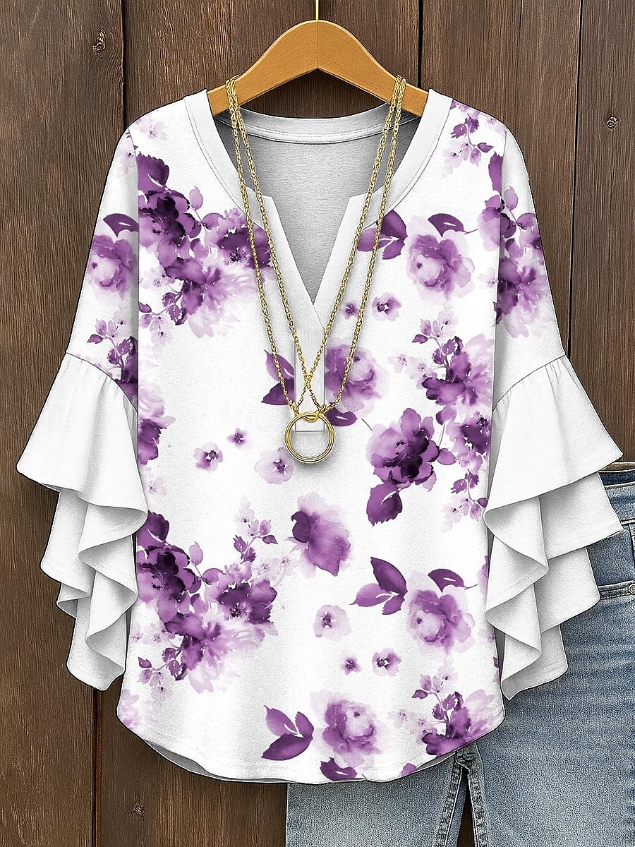 Blusa da Donna con Maniche a Ruffle a Strati Grafica Floreale Elegante Bohemia Vintage Maniche a 3/4 Collo a V Maglietta Regolare Abbigliamento Estivo Primaverile per Vacanze Stampa Gialla Rossa Blu del 2025 a $29.99 –P6
