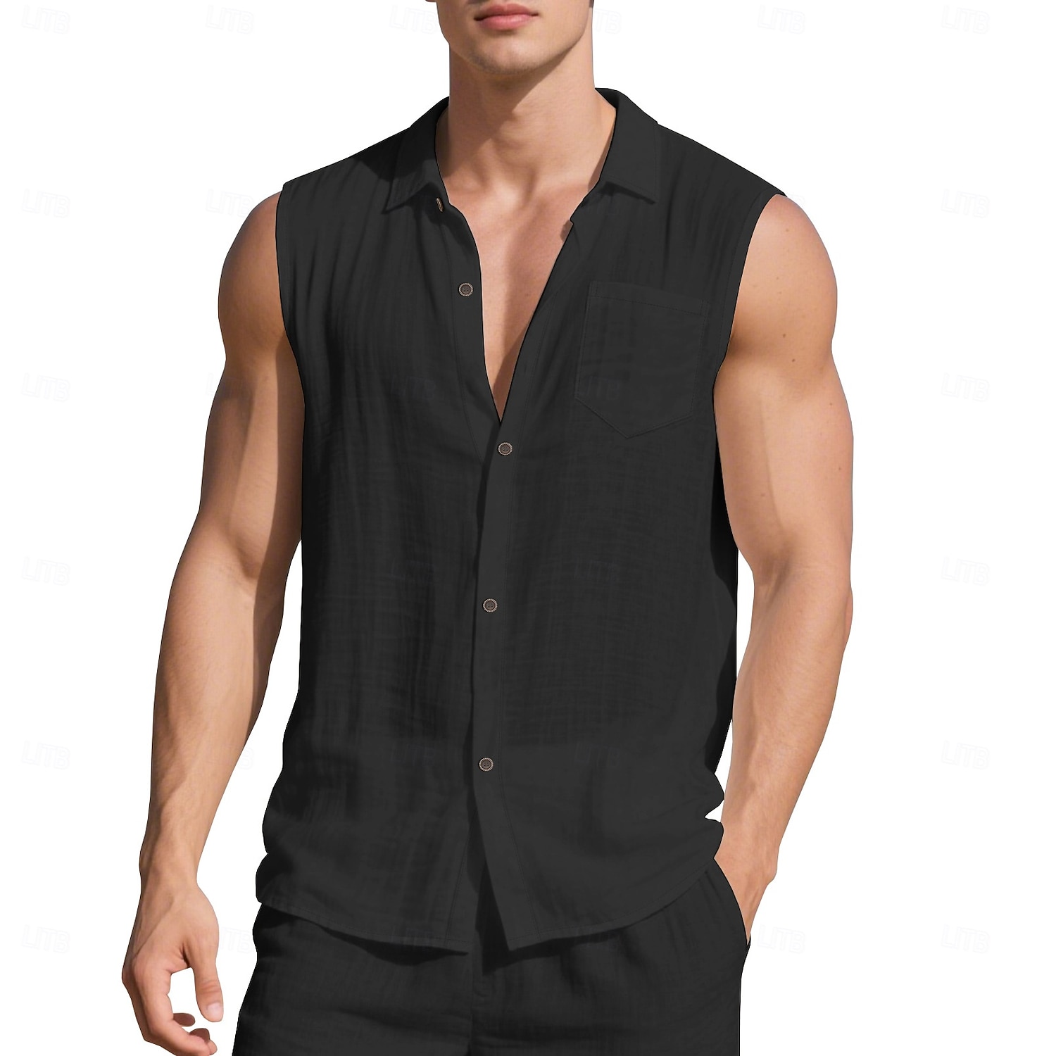 Men's Shirt Linen Shirt Summer Shirt Beach Wear Sleeveless Shirt Solid Color Vacation Street Black White Green Khaki Sleeveless Shirt Collar Summer Spring Clothing Apparel Pocket 2026 - $21.99 –P14
