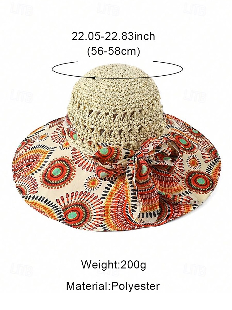 Women's Wide Brim Straw Sun Hat with Colorful Ethnic Print Bow – Boho Style Foldable Beach Hat for Summer Travel and Vacation 2025 - $14.99 –P5