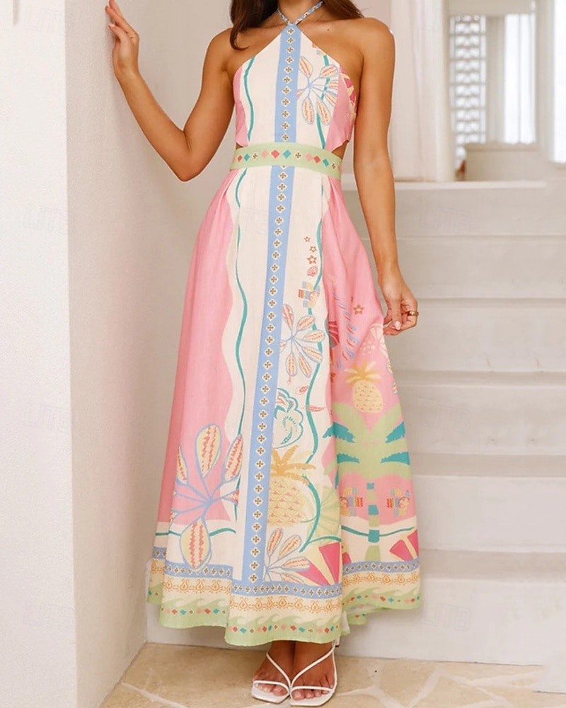 Pentru femei Rochie Lunga Rochie Maxi Rochii de in bumbac Rochie casual Modă În aer liber Petrecere Concediu Fit regulat Floare Manșon scurt Gâtul halter Roz Îmbujorat Vară 2025 - $38.99 –P2