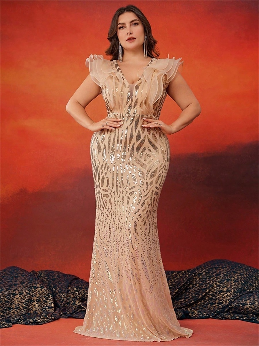 Vestidos Sereia  Trompete Plus Size Vestido Elegante Curvas Formal Casamento Comprimento do Chão Sem Mangas Decote em V Com Lantejoulas com Lantejoulas de 2025 por $169.99 –P5