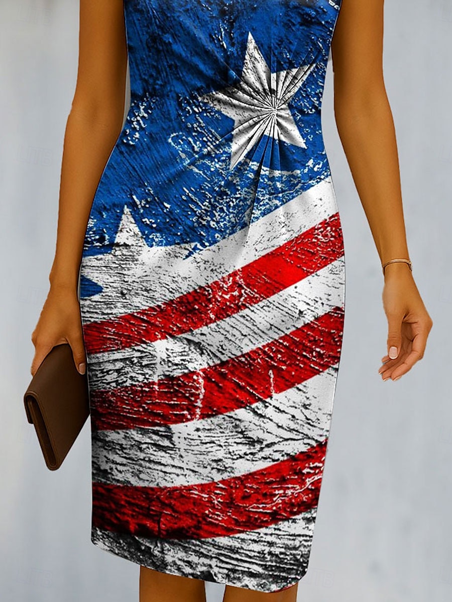 Dámské vlastenecké midi šaty šaty tvarované bodycon šaty formální boho každodenní štíhlé grafické s krátkým rukávem kulatým výstřihem modré léto jaro 2025 - $33.99 –P3