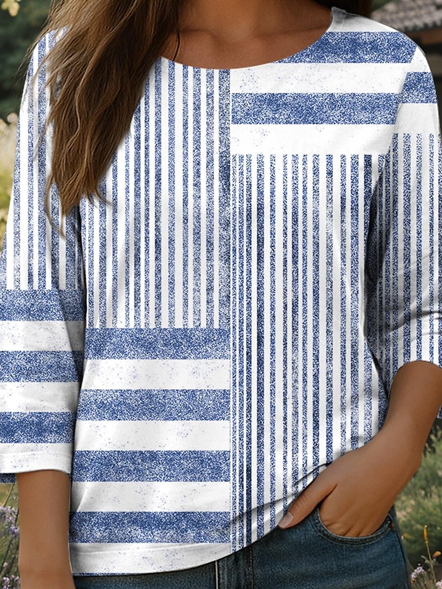 Dame Bluse Grafisk Stripet Bohem Daglig Etnisk 3/4 ermer Crew-hals Vanlige topper Daglig Ferie Trykt mønster Blå Lilla Grønn Kakifarget Sommer Vår 2025 - $27.99 –P3