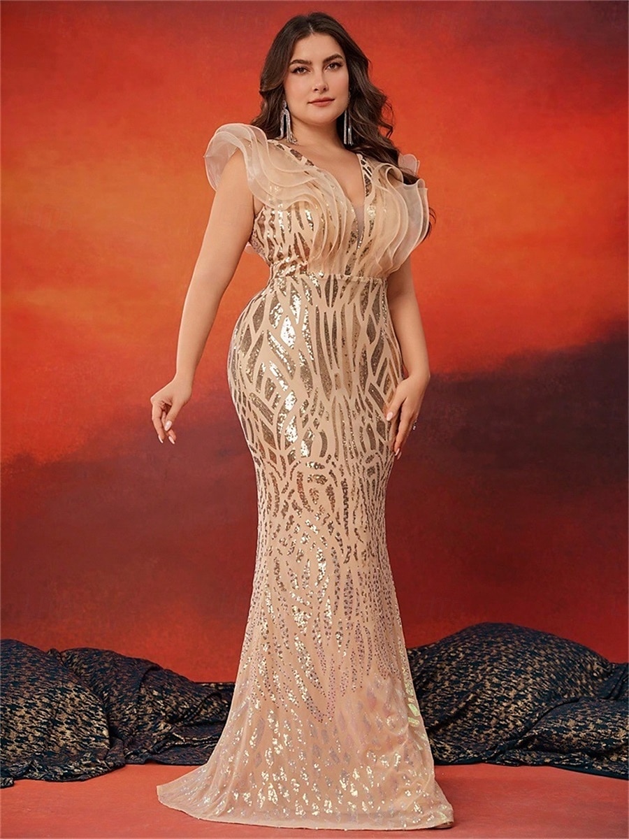 Vestidos Sereia  Trompete Plus Size Vestido Elegante Curvas Formal Casamento Comprimento do Chão Sem Mangas Decote em V Com Lantejoulas com Lantejoulas de 2025 por $169.99 –P3