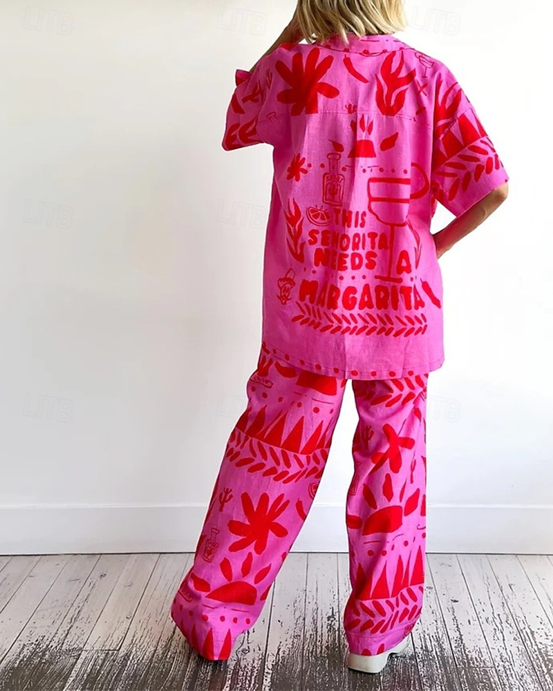 Femmes Mode Streetwear Chemises en coton et lin Ensembles en coton et lin Ensembles de Pantalons Manche Courte Col de chemise Fleuri Imprimé Tenue quotidienne Date Rose Claire Été Coupe régulière de 2025 ? $43.99 –P4