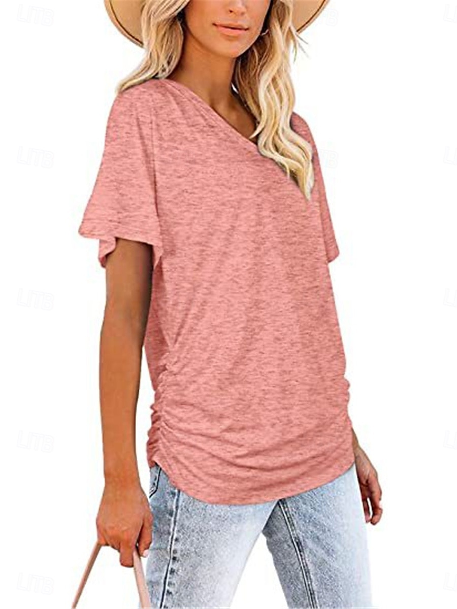 Dame Bluse Helfarge Stilfull Fritid Kortermet V-hals Vanlige topper Daglig Hvit Rosa Lilla Grå Sommer 2025 - $15.99 –P14