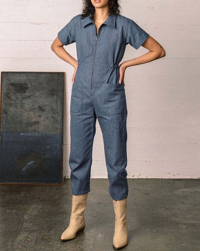 Damen Normal Overall Streetwear Einfarbig Kurzarm Hemdkragen Reißverschluss Ausgehen Wochenende Normale Passform Blau Schwarz Rosa Sommer 2026 - $31.99 –P13