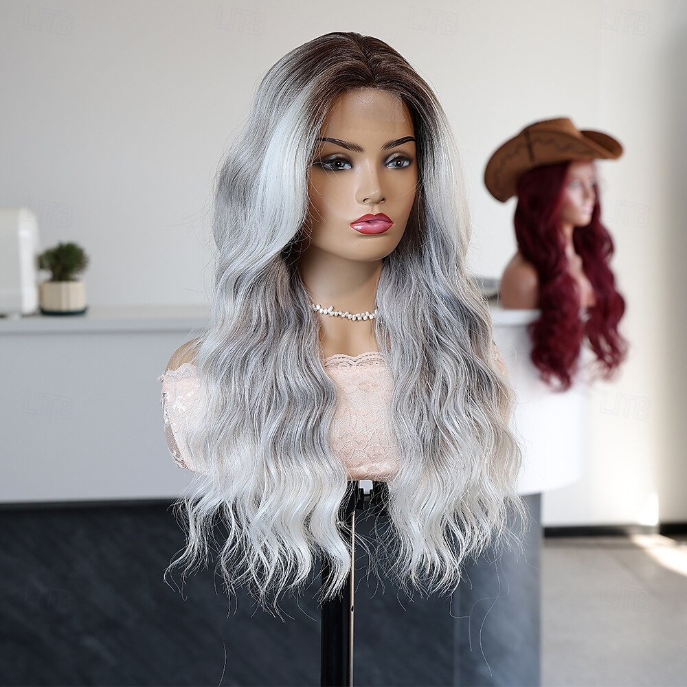 Perruque en dentelle synthétique Bouclé Style 24 pouce Gris Raie au milieu partie U Perruque Femmes Perruque Gris argenté de 2025 ? $39.99 –P3