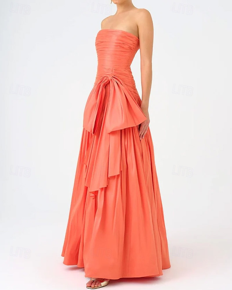 Vestido de Noite A-Line Vestido Elegante Tafetá Casamento Formal Comprimento até o Chão Sem Mangas Sem Alças Chiffon com Laços Detalhes Ruchados de 2025 por $148.99 –P3