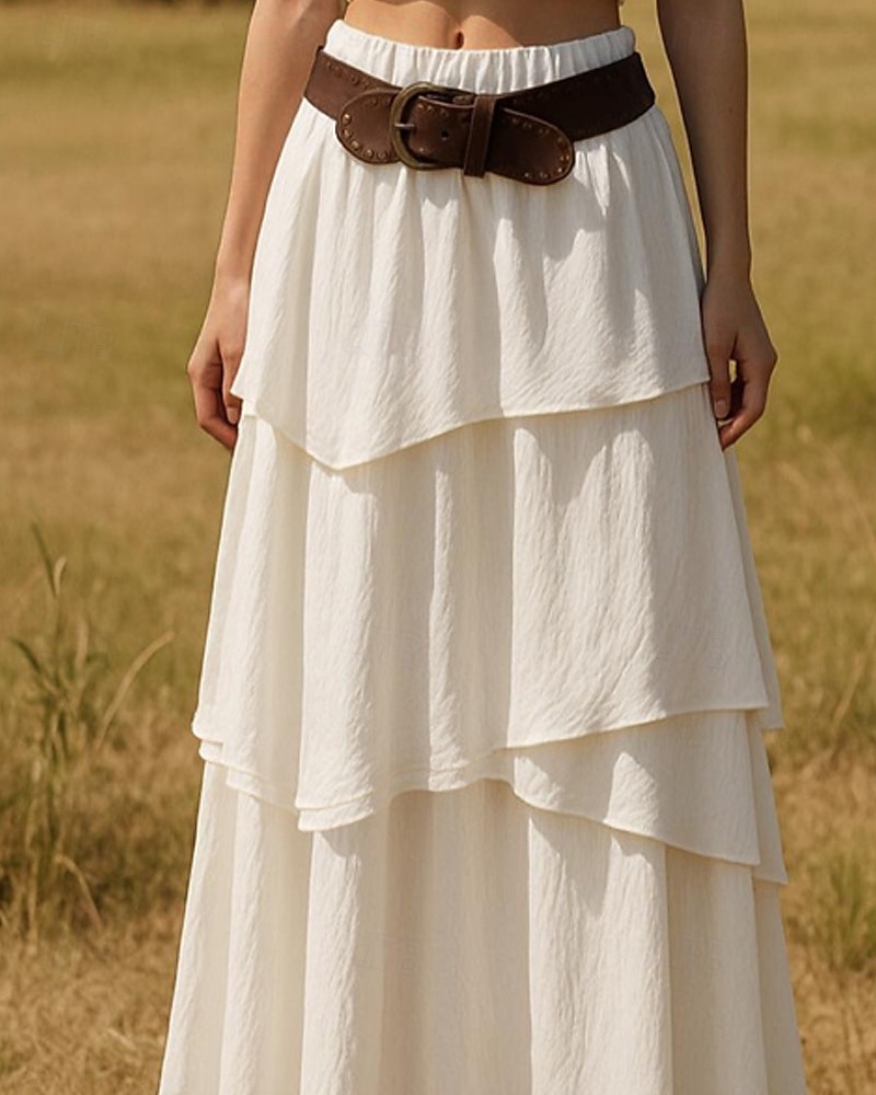 Mujer Falda Línea A Columpio Casual Boho Maxi Alta cintura Faldas Color sólido Retazos Vacaciones Festivos Blanco Verano Poliéster 2025 - $23.99 –P2