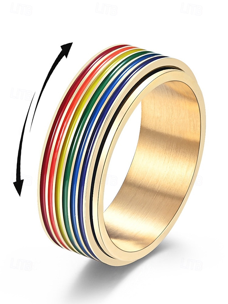 Anello girevole arcobaleno LGBT da uomo - anello in acciaio inossidabile con design twist, accessorio alla moda per festival, abbigliamento quotidiano e celebrazioni LGBTQ+ del 2025 a $11.99 –P3