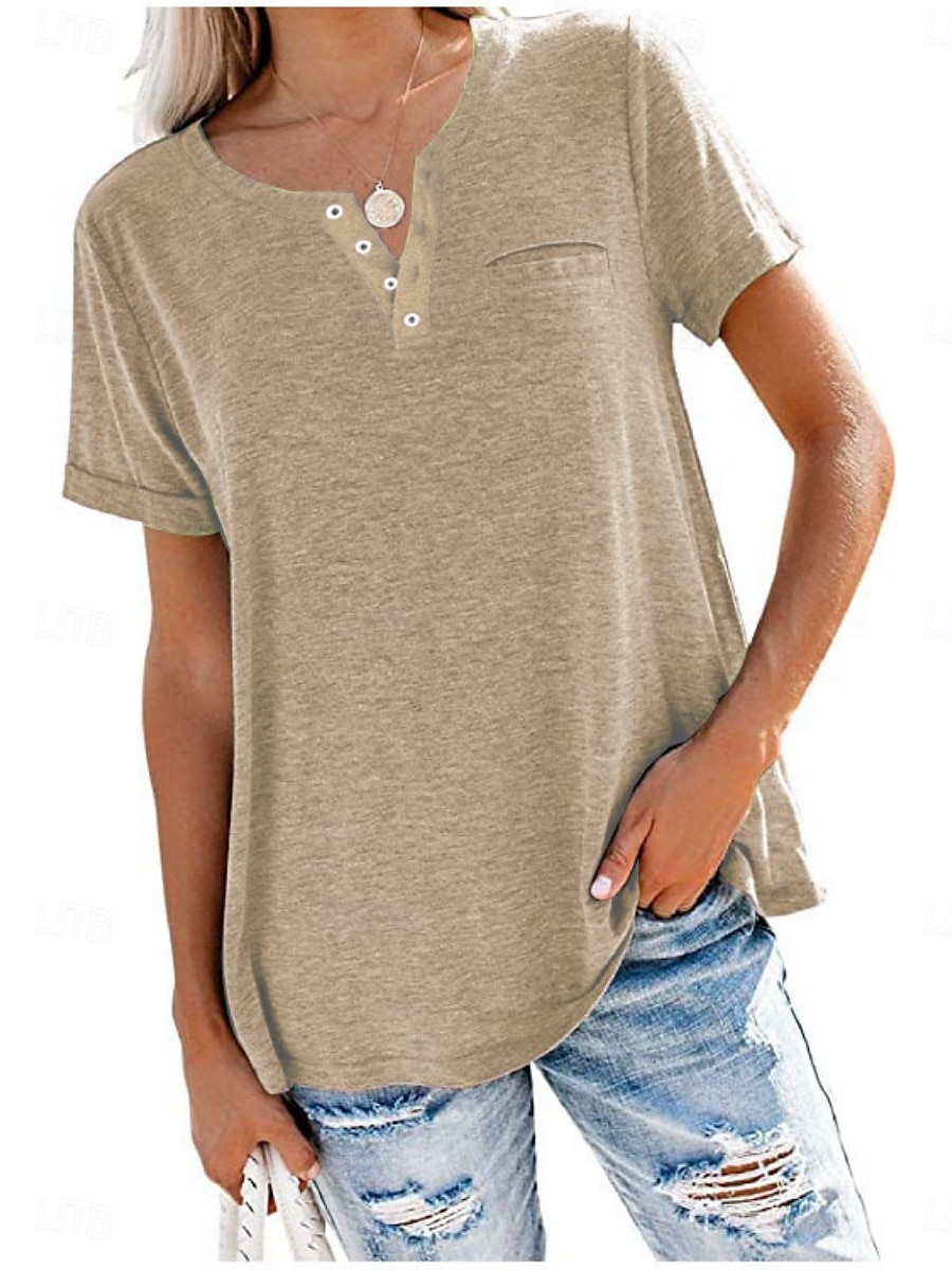 Women's Blouse Solid Color Stylish Casual Short Sleeve V Neck Regular Tops Daily Buttons Pocket Pink Wine Blue Khaki Gray Summer 2025 - $17.99 –P8