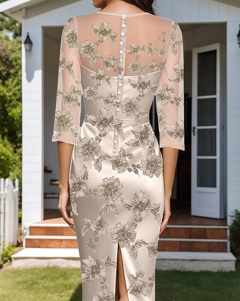 Vestido de mãe da noiva de duas peças, elegante, simples, luxuoso, com decote redondo, comprimento chá, cetim, manga curta, com jaqueta de chiffon 2025 de 2025 por $149.99 –P5