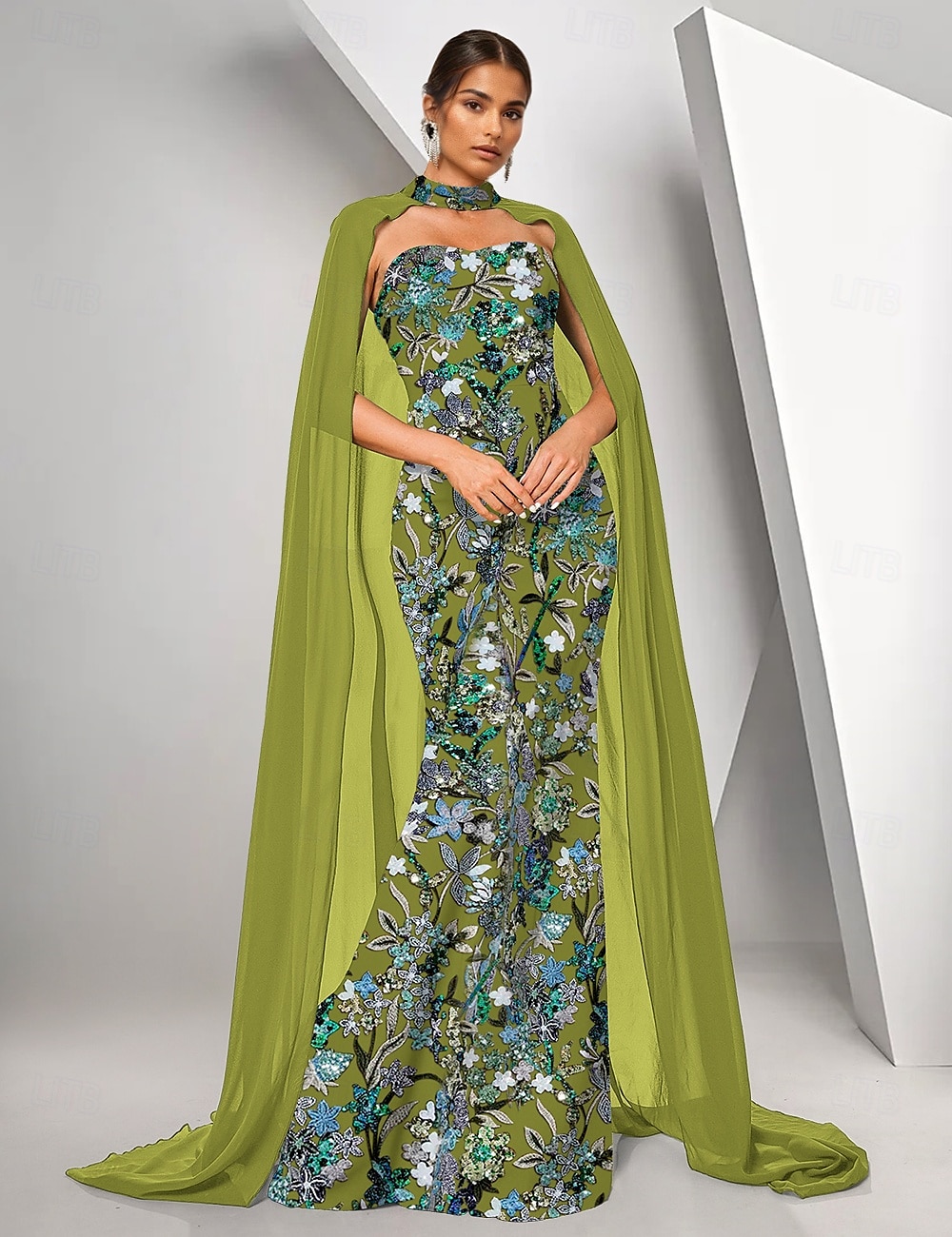 Lichtblauwe Cape Jurk Zeemeermin  Trompet Avondjurk Elegante Jurk Formele Bruiloft Vloerlengte Mouwloos Strapless Stretch Crepe met Beading Kant 2025 - $179.99 –P4