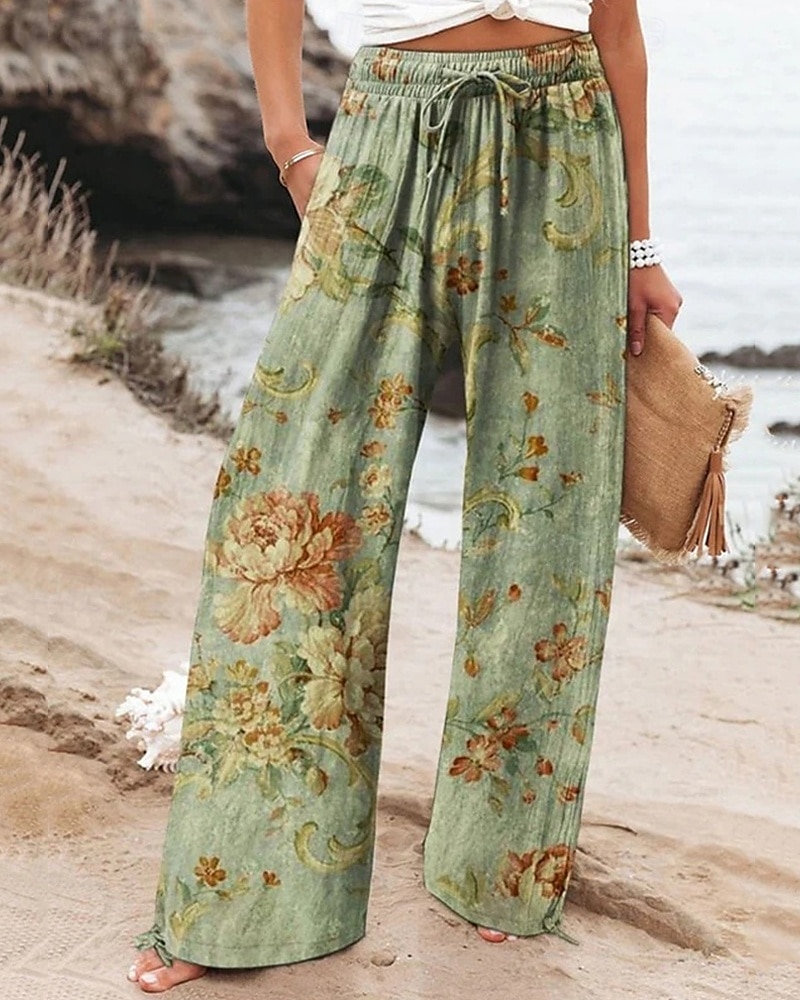 Per donna Pantaloni ispirati al lino Gamba larga Pantaloni Palazzo Moda Boho Lunghezza intera Vita Alta Fiore Elastico in vita Traspirante Confortevole Micro-elastico Streetwear Abbigliamento del 2025 a $27.99 –P1