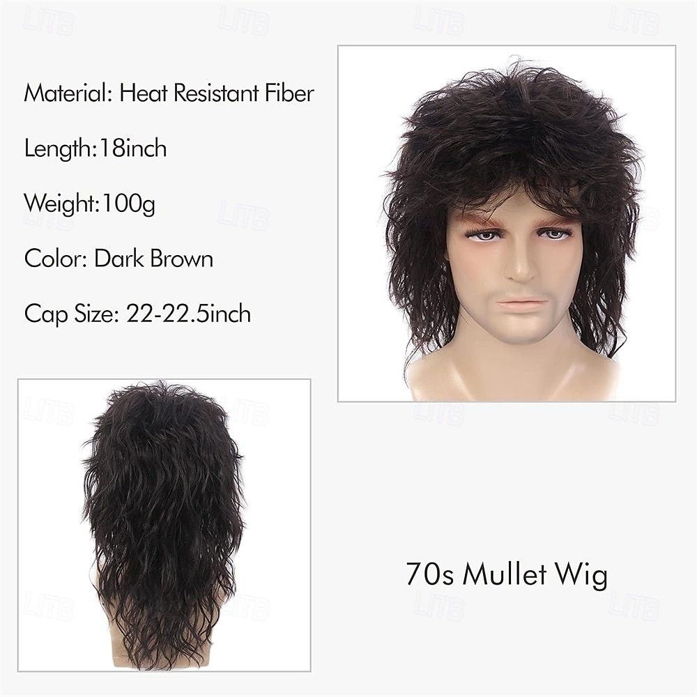 Mullet 70s 80s Pruik met Frenulum Donkerbruin Lang Disco Haar Krullende Pruiken voor Mannen voor Mannen Vrouwelijke Hippie Rockende 80s Them Party Cosplay Kostuum Anime Hittebestendig Synthetisch 2025 - $25.99 –P5