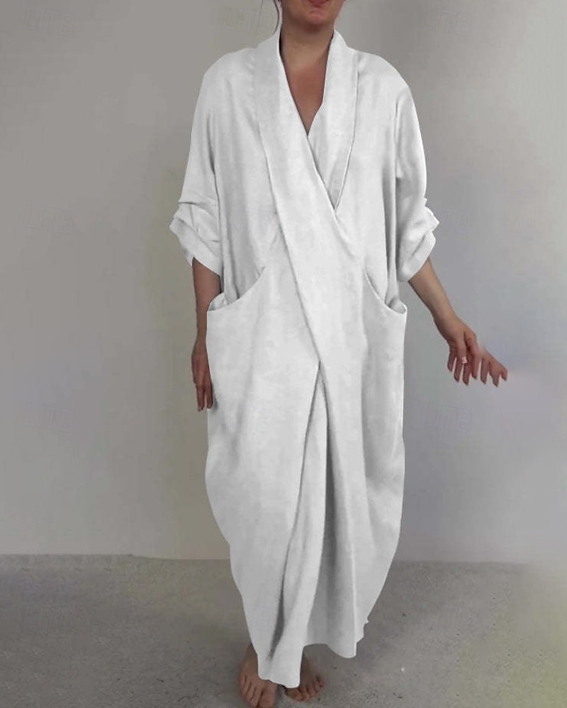 Per donna Abito Lungo Maxi Abito Abito in cotone e lino Moda Moderno All'aperto Vacanza Ferie Vestibilità regolare Semplice Mezza Manica Scollo a V Nero Bianco Blu Viola Estate del 2025 a $26.99 –P10