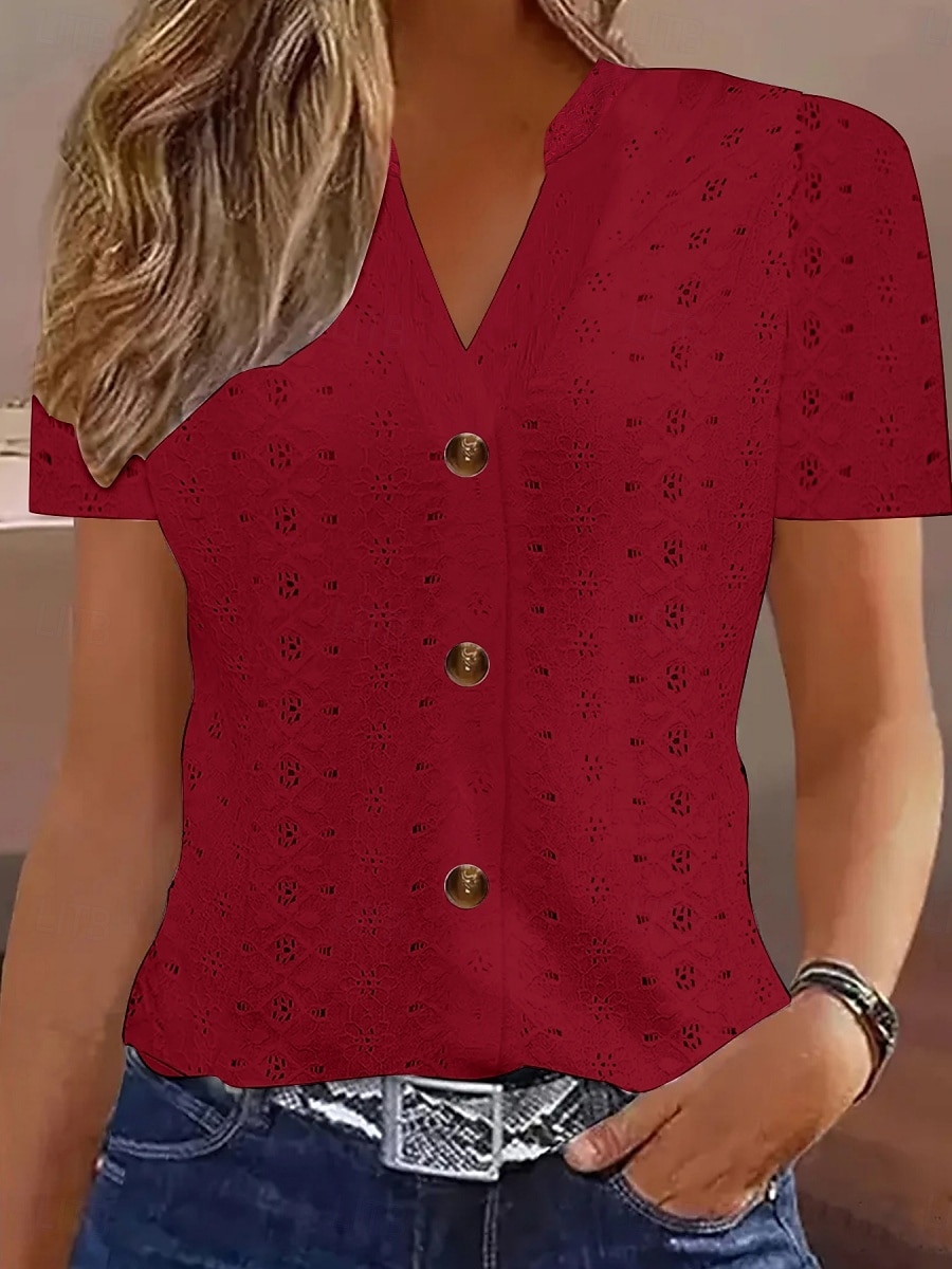 Women's T Shirt Solid Color Plain Basic Modern Casual Short Sleeve V Neck Regular Tops Daily Weekend Buttons Eyelet White Wine Fuchsia Khaki Summer 2025 - $19.99 –P6