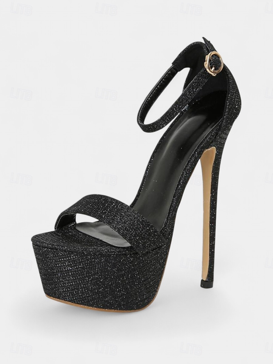 naisten mustat glitter-korkokengät - peep-toe-nilkkaremmillä varustetut juhlakengät yöelämään ja klubitapahtumiin 2026 - $54.99 –P2