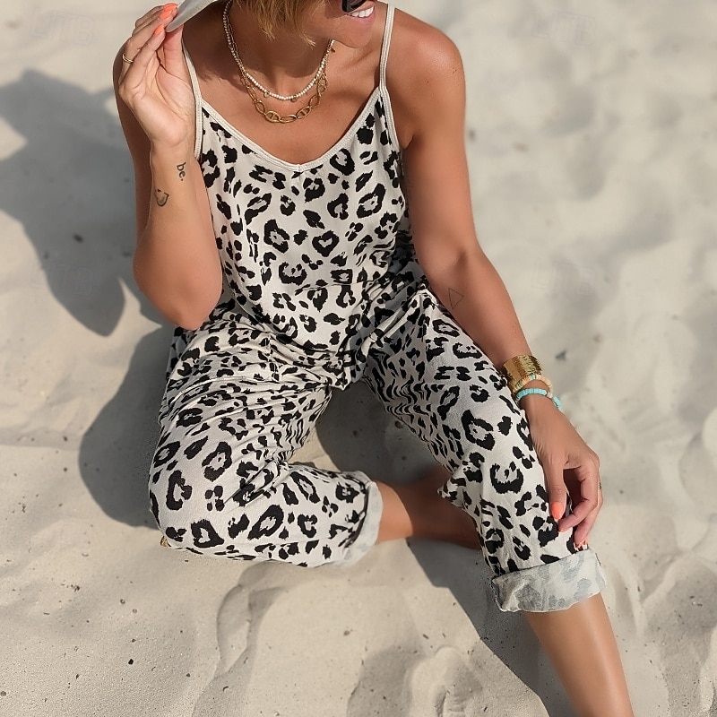 Mujer Normal Mono Ropa de calle Leopardo Sin Mangas Escote en Pico Estampado Calle Noche Ajuste regular Blanco Verano 2026 - $22.99 –P3