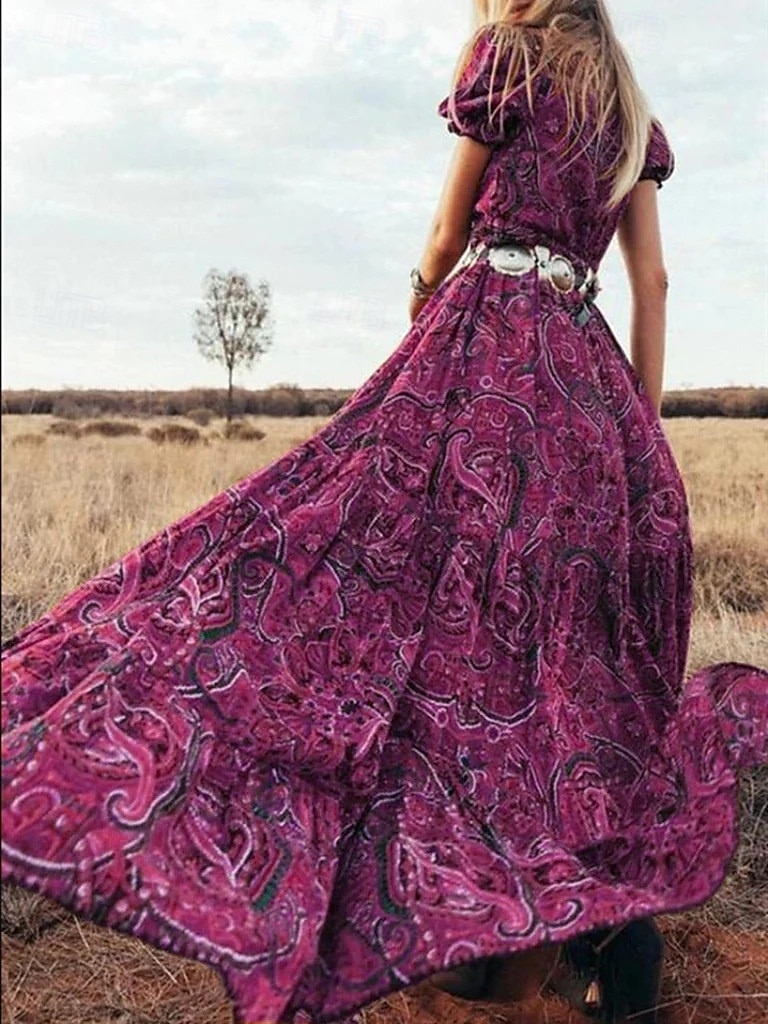 Damskie Sukienka maxi Codzienne sukienki Elegancki Dopasowana Nadruk Krótki rękaw W serek Niebieski Fioletowy Brązowy Zielony Lato 2025 - $28.99 –P11