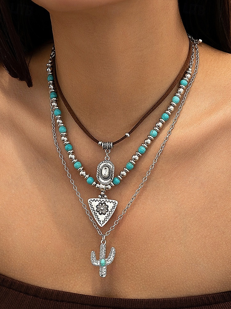 Women's Western Layered Turquoise Beaded Necklace Set – Boho Statement Jewelry with Cactus & Teardrop Charms, Ideal for Festivals, Country Concerts and Casual Wear 2025 - GBP £7.27 –P7