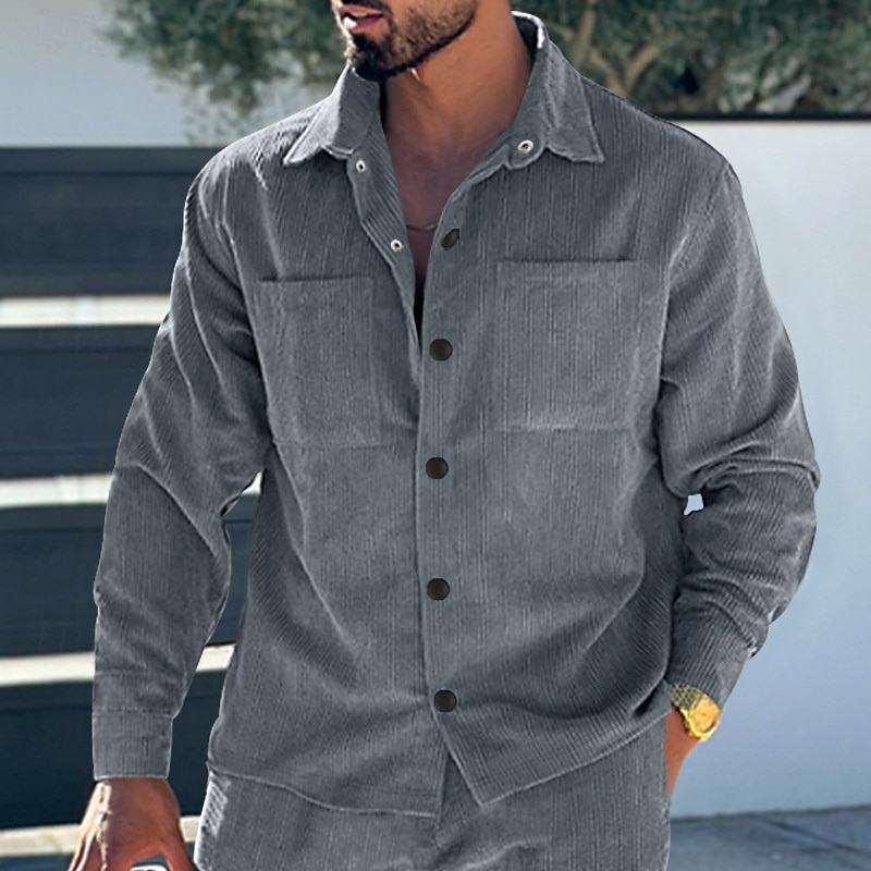 Herren Hemd Freizeithemd Arbeitshemd Cordhemd Knopfhemd Schwarz Armeegrün Dunkelgray Langarm Einfach Revers Urlaub Ferien Tasche Bekleidung Polyester Mode Lässig Bequem 2025 - $21.99 –P4
