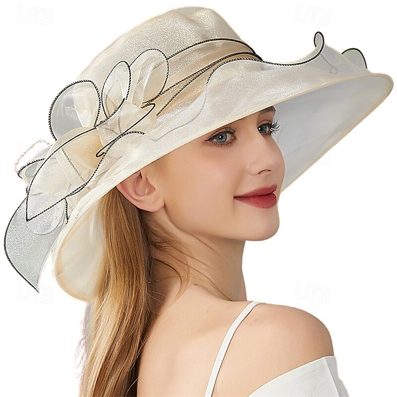fascinatorhattar för kvinnor, bredbrättad organzahatt för kyrkteaparty, elegant vintage moderiktig mössa för bröllop, fascinator, cocktailparty, beige, fascinatorhattar för kvinnor te, hatt 2026 - $25.99 –P3