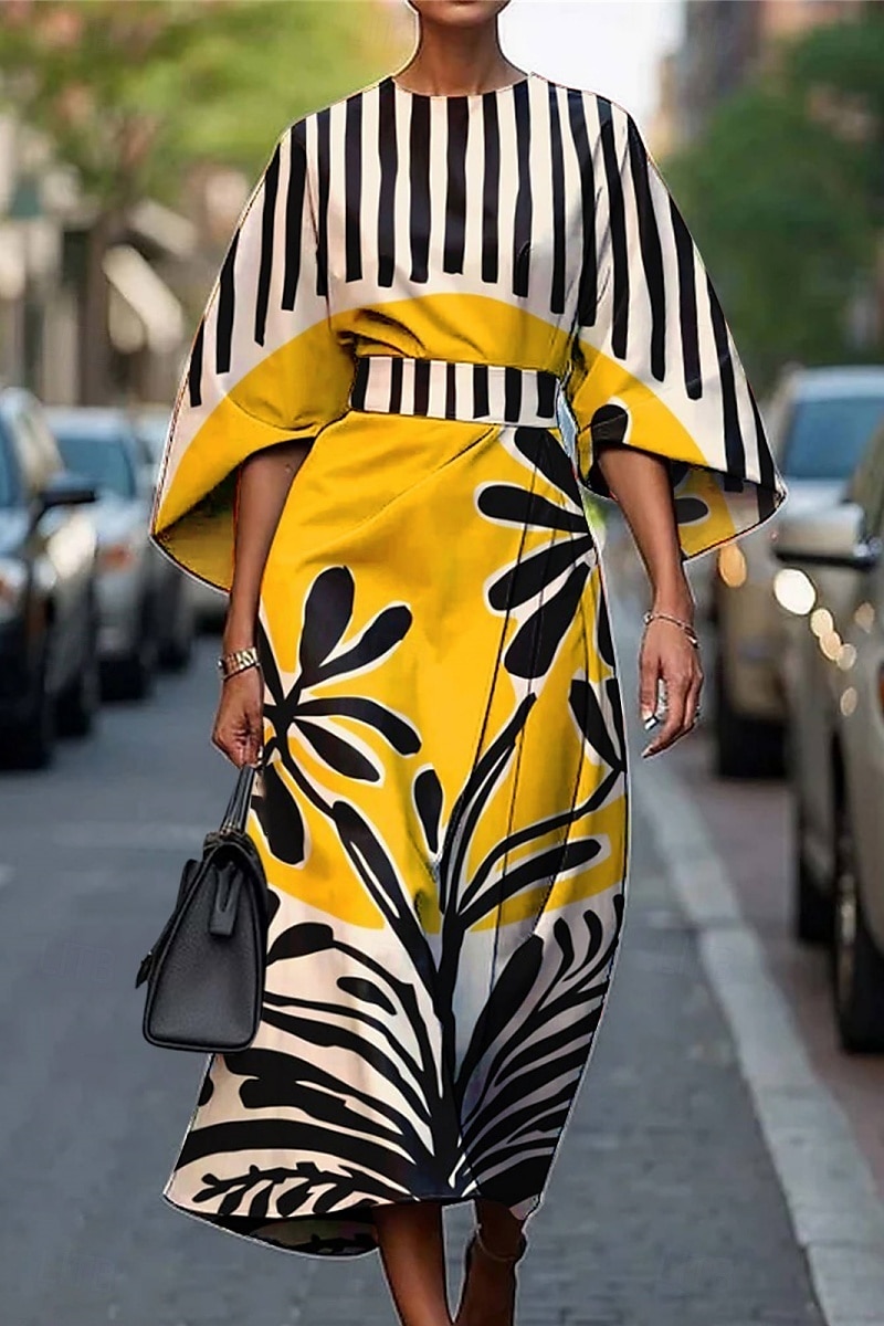 Pentru femei Rochie Lunga Rochie Maxi Rochie casual Rochie de vară Modă Modern Zilnic Dată Sfârșit de săptămână Fit regulat Geometric Lungime Manșon 3/4 Stil Nautic Plin de Culoare Negru Alb Galben 2025 - $27.99 –P6