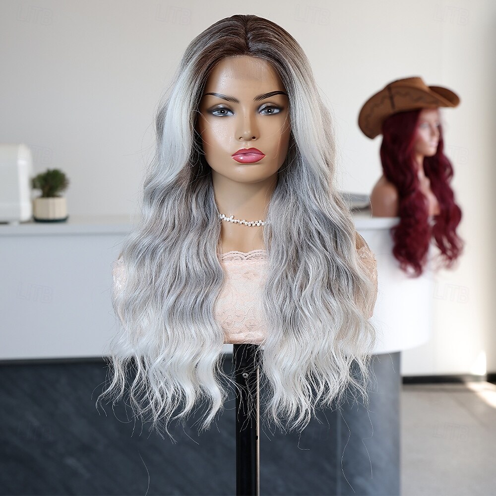 Perruque en dentelle synthétique Bouclé Style 24 pouce Gris Raie au milieu partie U Perruque Femmes Perruque Gris argenté de 2025 ? $39.99 –P4