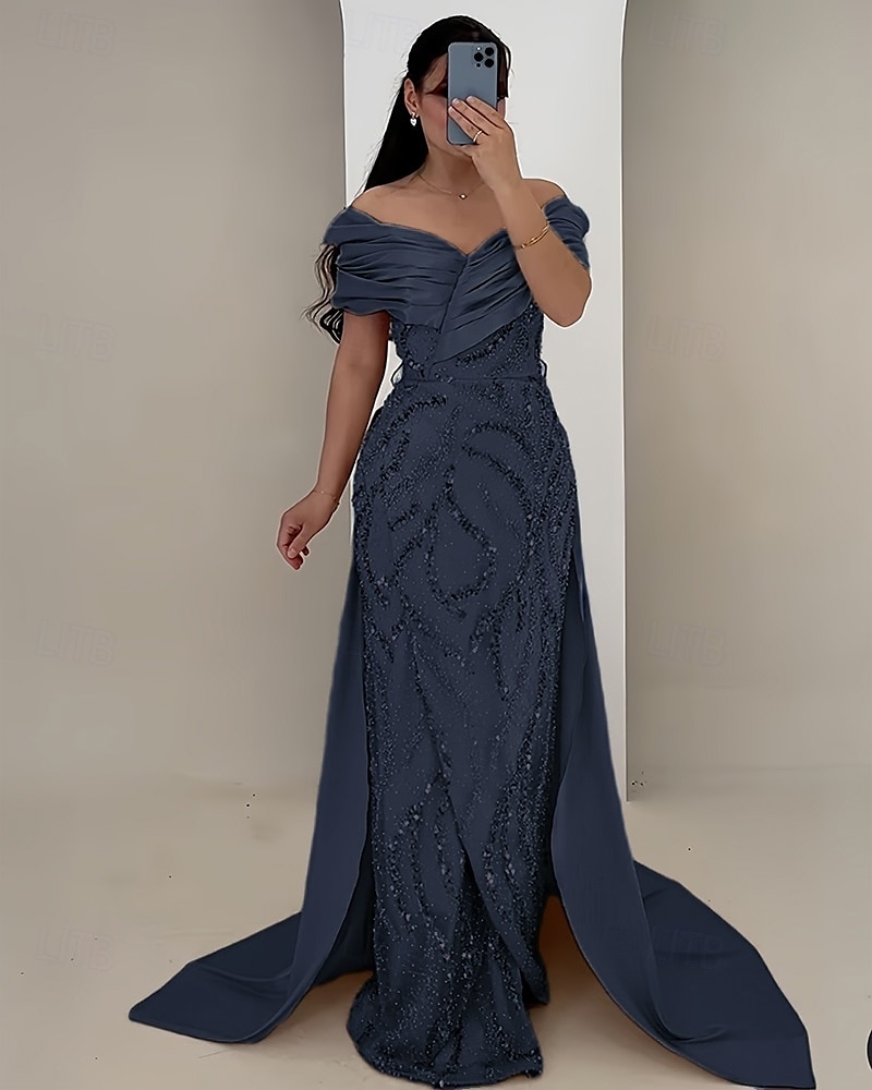 A-Linien Abendgarderobe Elegantes Kleid Formelles Hochzeitsbodenlanges Kurzarm Off-Shoulder Satin mit Glitzer Raffung Kristalle 2025 - $159.99 –P4