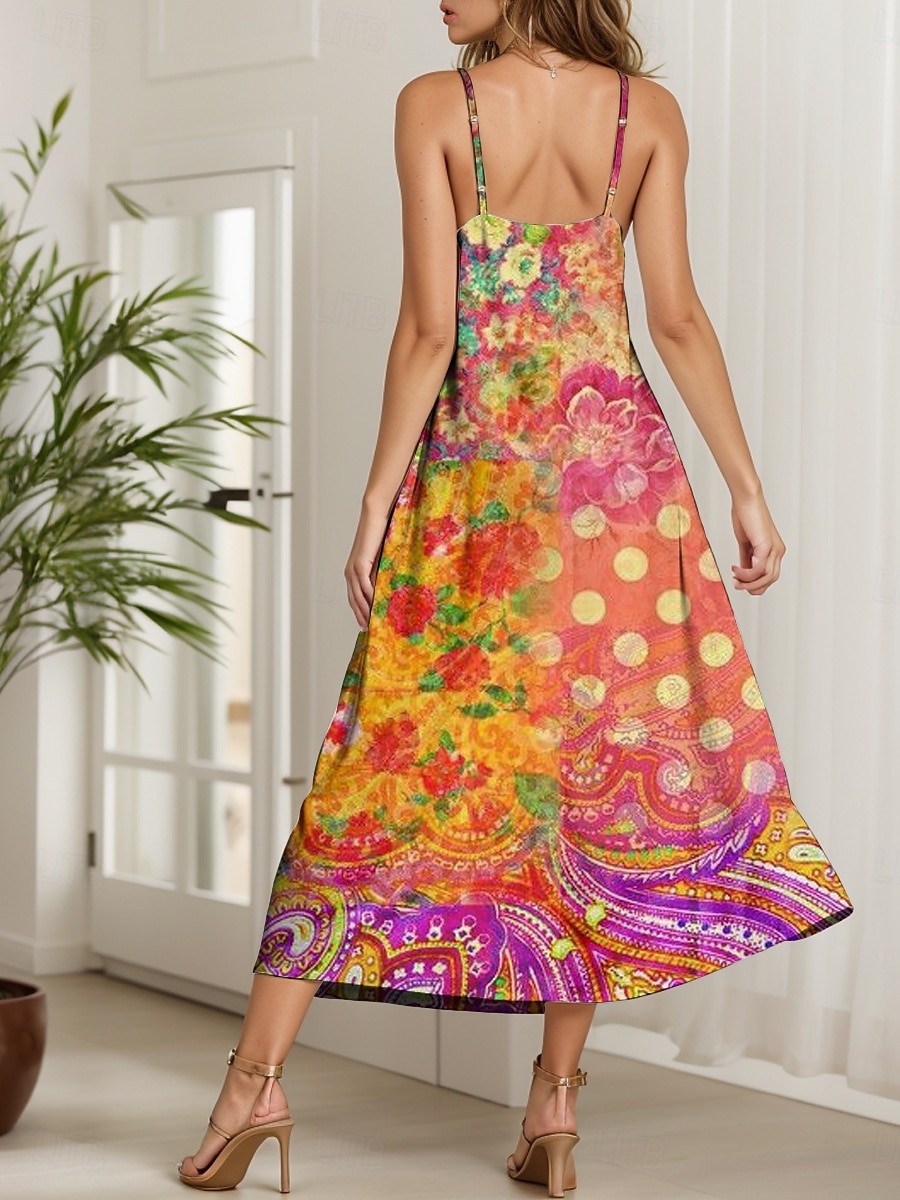 Per donna Abito maxi Vestito Estivo Abito a trapezio Abito Sottoveste Vacanza Casual Boho Spiaggia Vestibilità regolare Floreale Grafico A Pois Senza Maniche Scollo a V Viola Arancione Estate del 2025 a $34.99 –P2